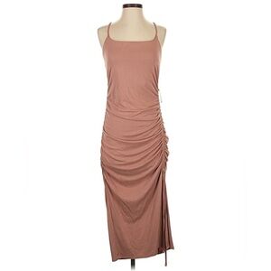 Express Ruched Midi Dress in Warm Brown Small Spaghetti Strap Slit